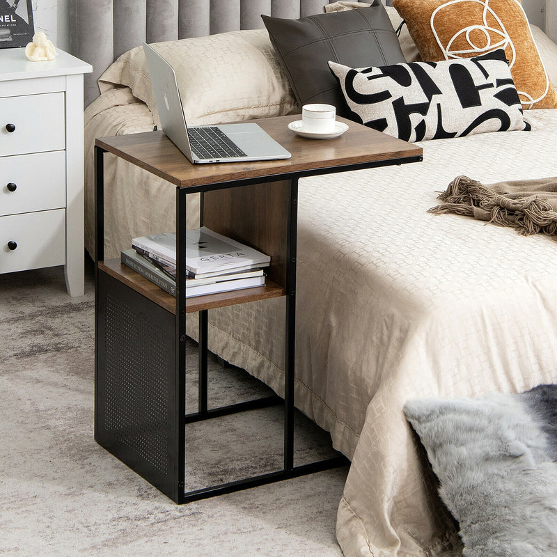 C Shape Sofa Side End Table with Wooden Shelf-Brown