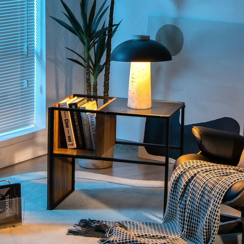 C Shape Sofa Side End Table with Wooden Shelf-Brown