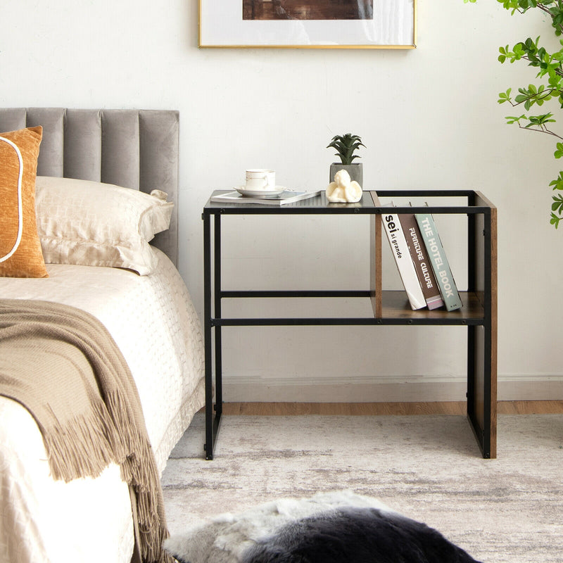 C Shape Sofa Side End Table with Wooden Shelf-Brown