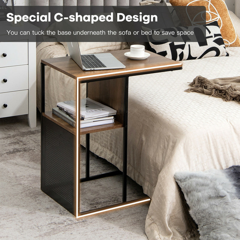 C Shape Sofa Side End Table with Wooden Shelf-Brown