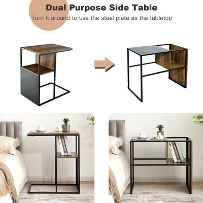 C Shape Sofa Side End Table with Wooden Shelf-Brown