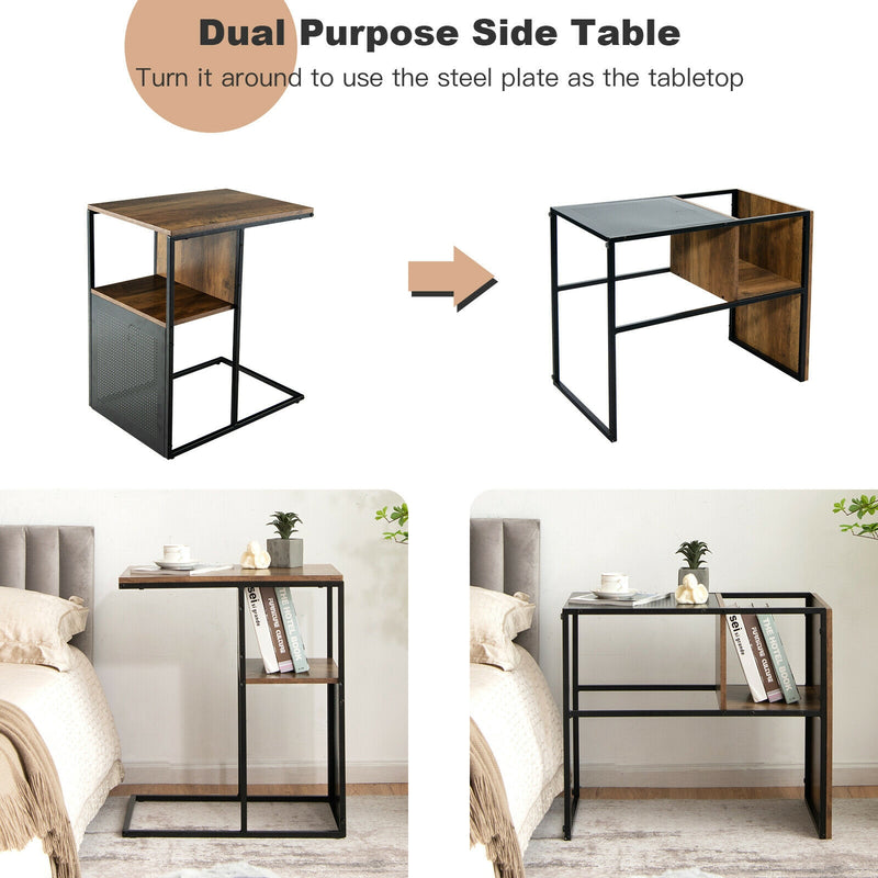 C Shape Sofa Side End Table with Wooden Shelf-Brown