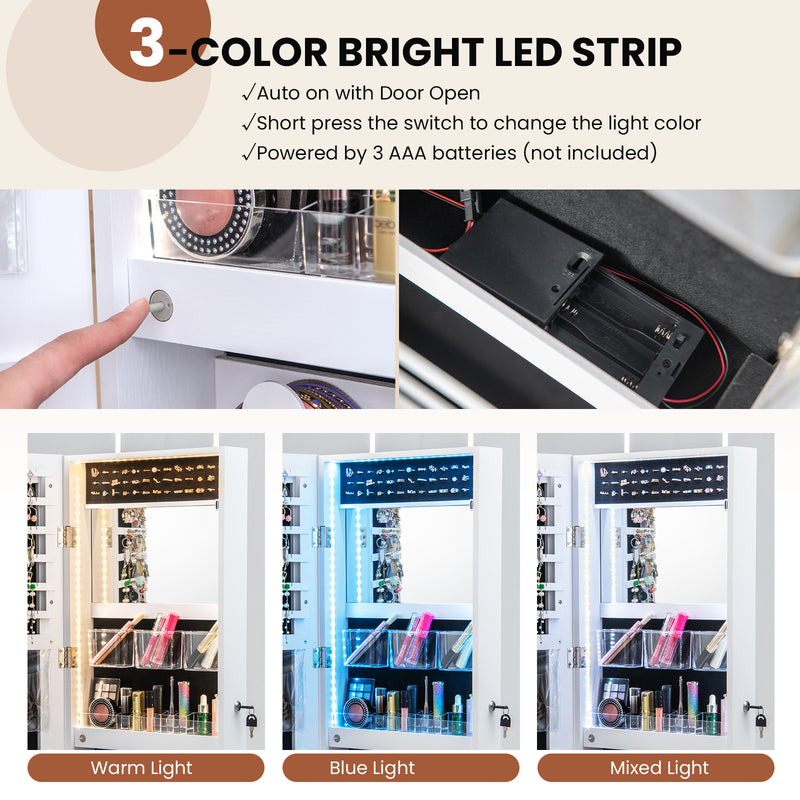 Wall Mounted Jewelry Cabinet with 3-Color Lights-White