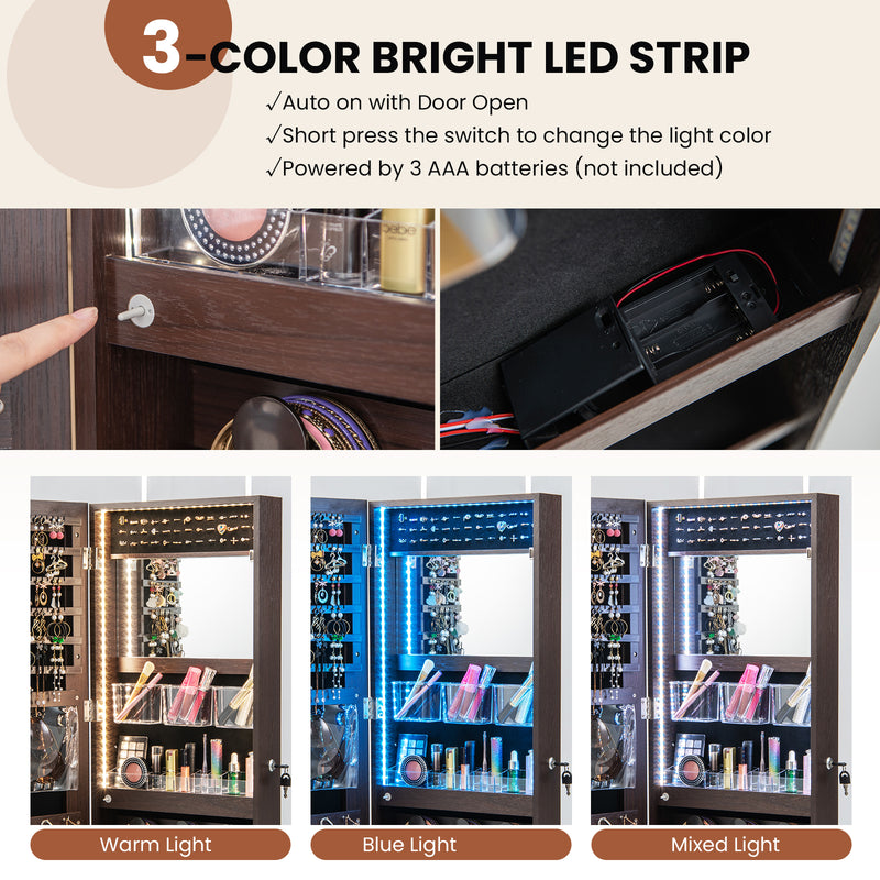 Wall Mounted Jewelry Cabinet with 3-Color Lights-Brown