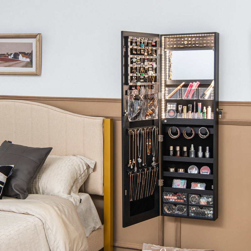 Wall Mounted Jewelry Cabinet with 3-Color Lights-Black
