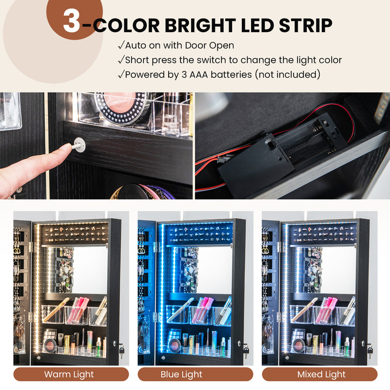 Wall Mounted Jewelry Cabinet with 3-Color Lights-Black