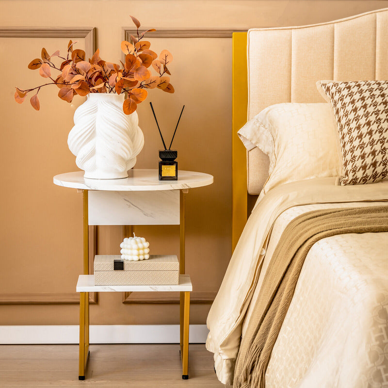 2-Tier Round End Beside Table with Metal Frame-White