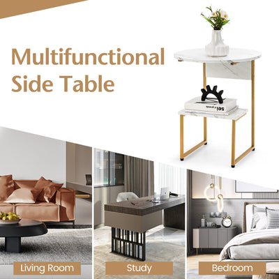 2-Tier Round End Beside Table with Metal Frame-White