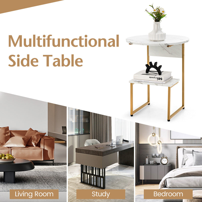 2-Tier Round End Beside Table with Metal Frame-White