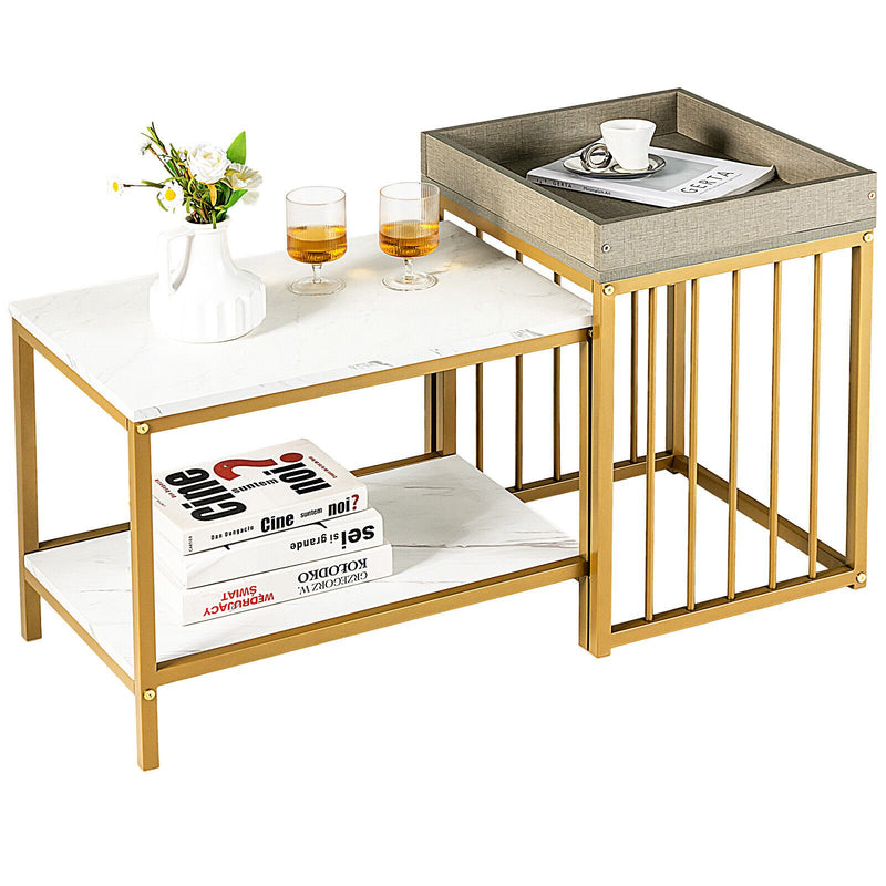 2 Pieces Nesting Coffee Table Set for Living Room-White