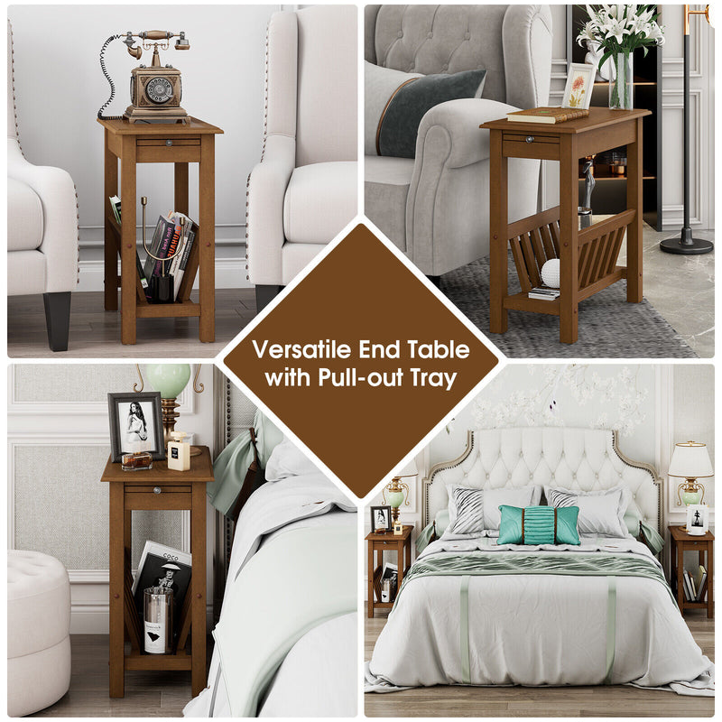 2-Tier End Table with Pull-out Tray and Solid Rubber Wood Legs-Natural