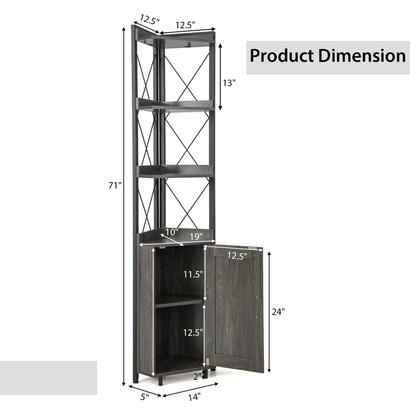 Tall Corner Storage Cabinet with 3-Tier Shelf and Enclosed Cabinet-Gray