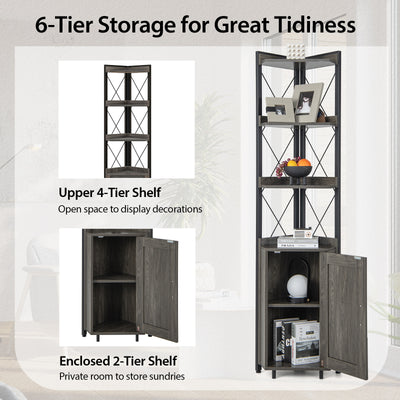 Tall Corner Storage Cabinet with 3-Tier Shelf and Enclosed Cabinet-Gray