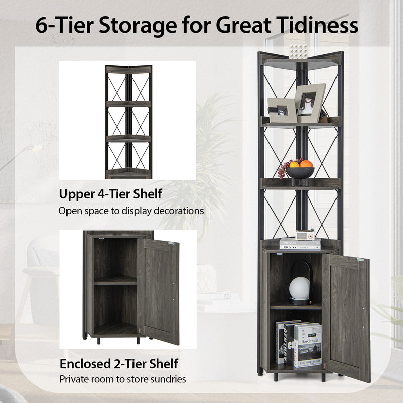 Tall Corner Storage Cabinet with 3-Tier Shelf and Enclosed Cabinet-Gray
