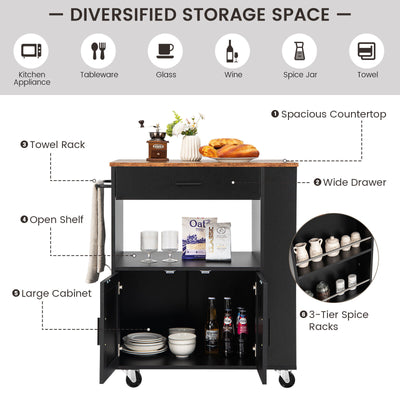 *Rolling Kitchen Trolley with 3 Spice Racks Drawer and Open Shelf - Black