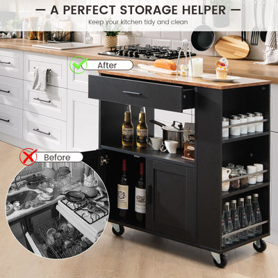 *Rolling Kitchen Trolley with 3 Spice Racks Drawer and Open Shelf - Black