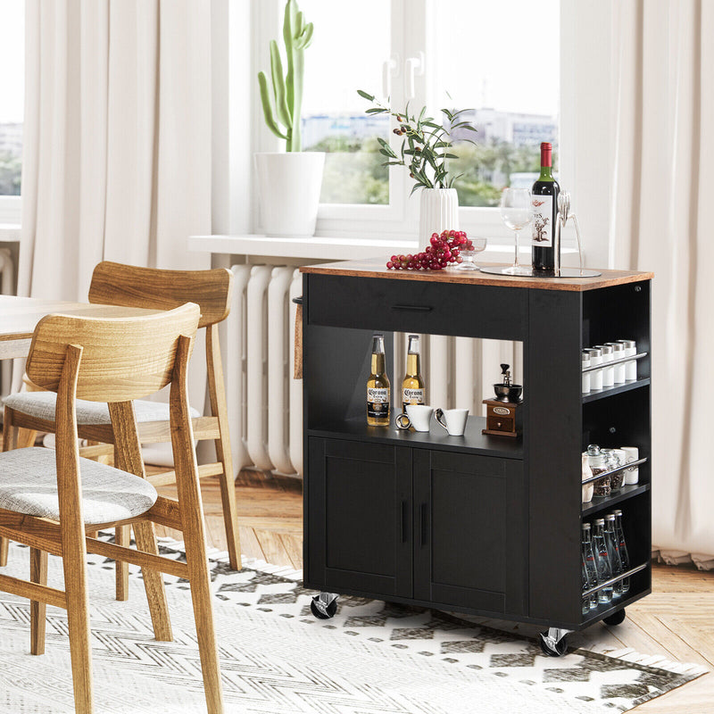 *Rolling Kitchen Trolley with 3 Spice Racks Drawer and Open Shelf - Black