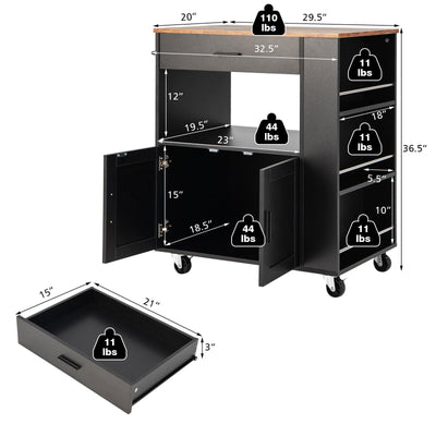 *Rolling Kitchen Trolley with 3 Spice Racks Drawer and Open Shelf - Black