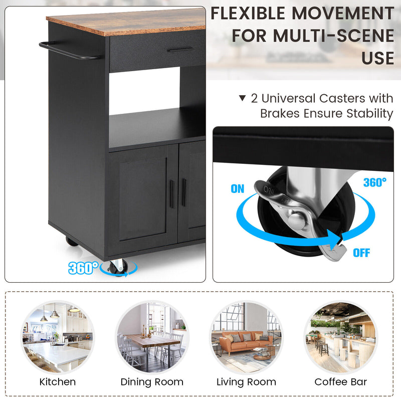 *Rolling Kitchen Trolley with 3 Spice Racks Drawer and Open Shelf - Black