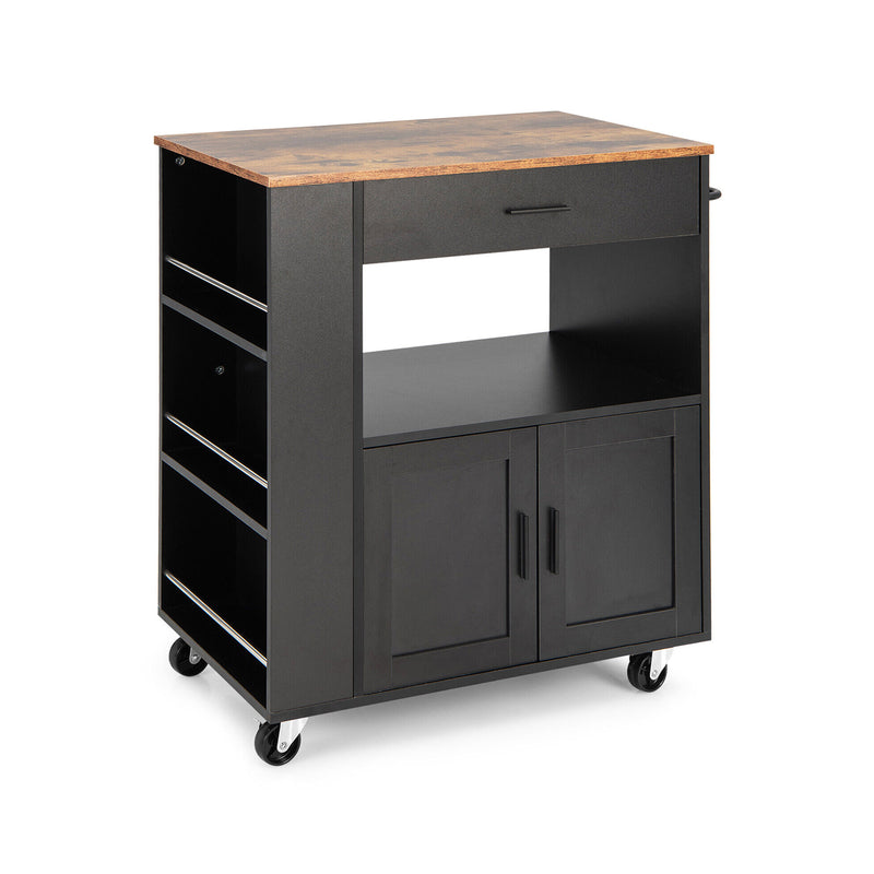 *Rolling Kitchen Trolley with 3 Spice Racks Drawer and Open Shelf - Black