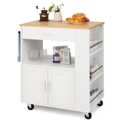 *Rolling Kitchen Trolley with 3 Spice Racks Drawer and Open Shelf - White