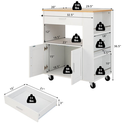 *Rolling Kitchen Trolley with 3 Spice Racks Drawer and Open Shelf - White