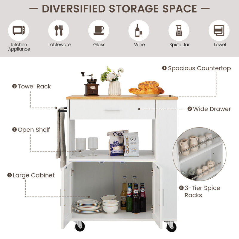 *Rolling Kitchen Trolley with 3 Spice Racks Drawer and Open Shelf - White