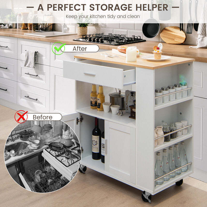 *Rolling Kitchen Trolley with 3 Spice Racks Drawer and Open Shelf - White
