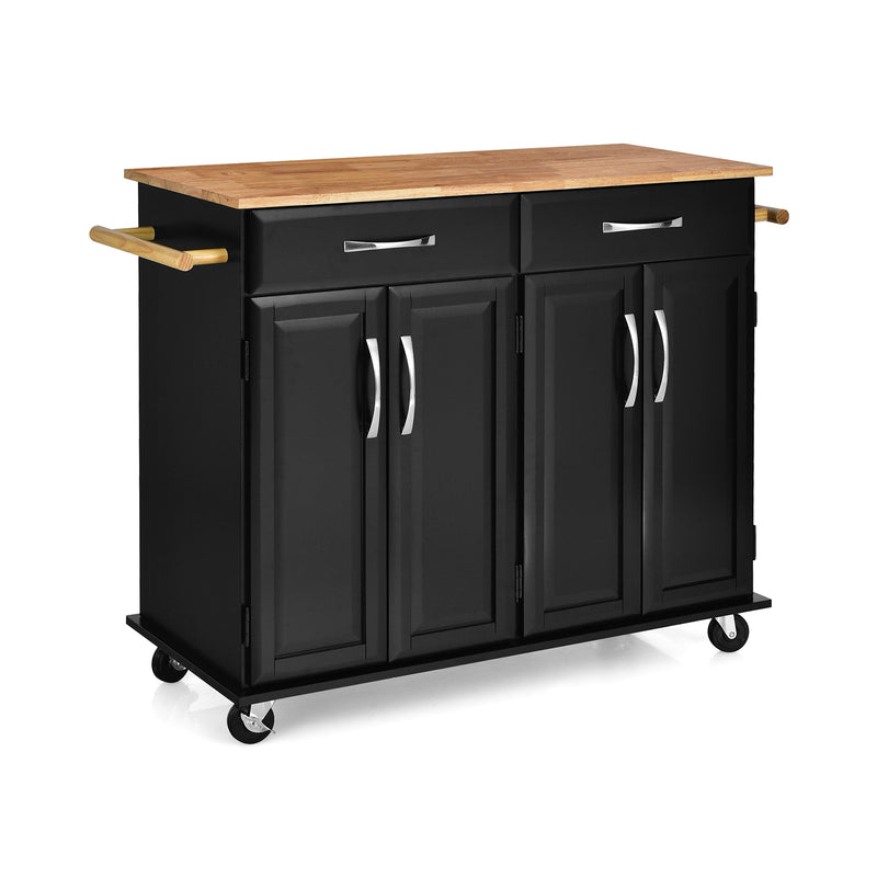 4-Door Rolling Kitchen Island Cart Buffet Cabinet with Towel Racks Drawers-Black