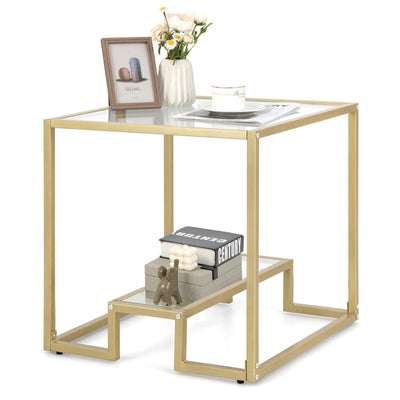 22 Inch 2-Tier Square Sofa Side Table with Tempered Glass Tabletop-Bronze