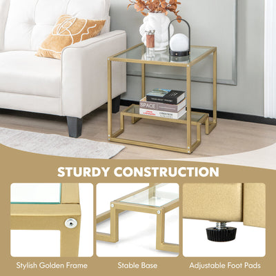 22 Inch 2-Tier Square Sofa Side Table with Tempered Glass Tabletop-Bronze