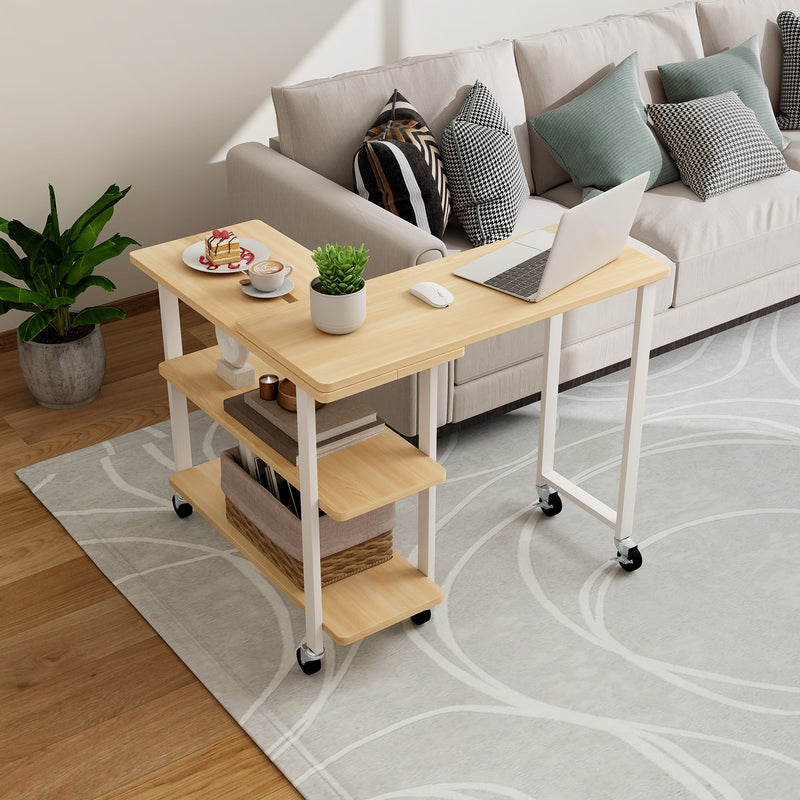 360° Rotating Sofa Side Table with Storage Shelves and Wheels-Natural