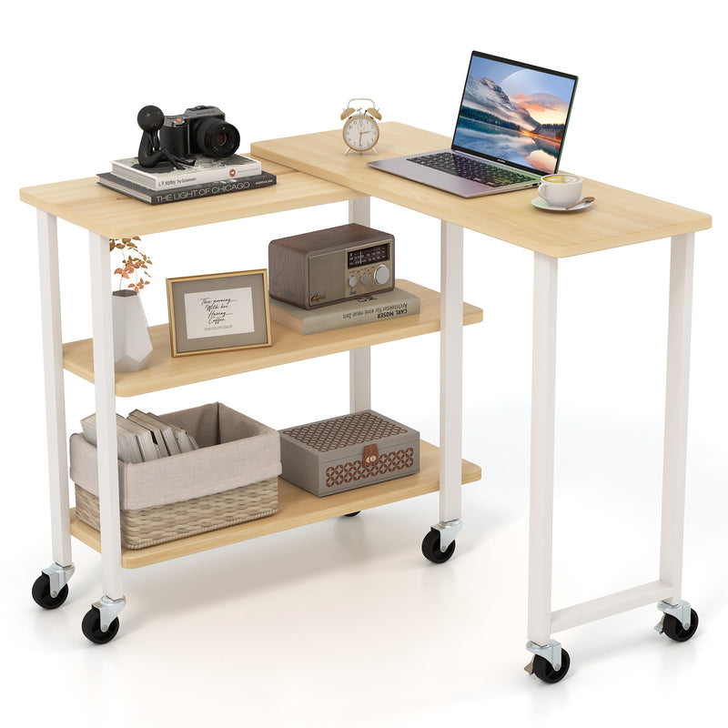 360° Rotating Sofa Side Table with Storage Shelves and Wheels-Natural