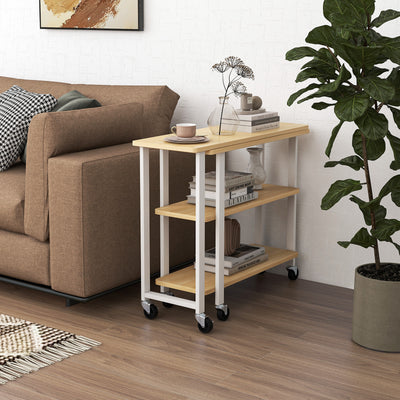 360° Rotating Sofa Side Table with Storage Shelves and Wheels-Natural