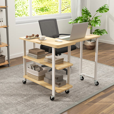 360° Rotating Sofa Side Table with Storage Shelves and Wheels-Natural