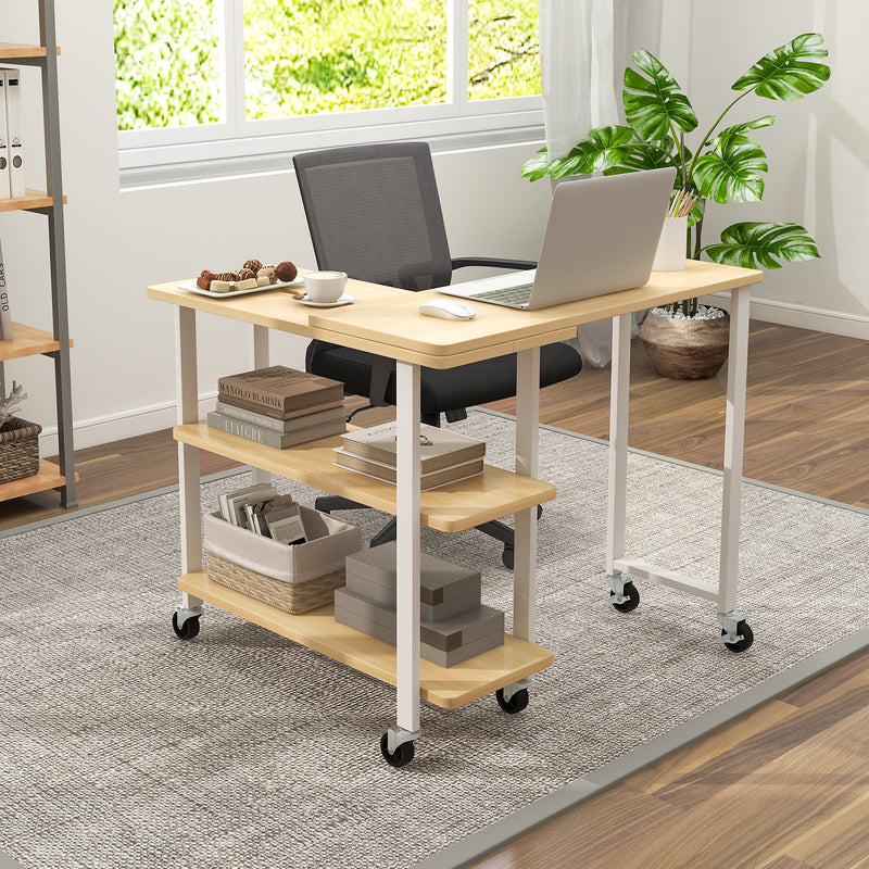 360° Rotating Sofa Side Table with Storage Shelves and Wheels-Natural