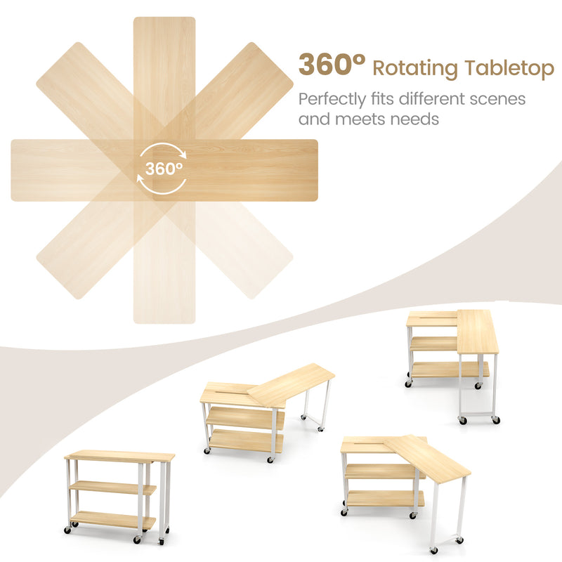 360° Rotating Sofa Side Table with Storage Shelves and Wheels-Natural