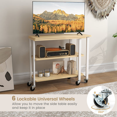 360° Rotating Sofa Side Table with Storage Shelves and Wheels-Natural