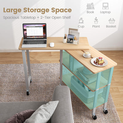 360° Rotating Sofa Side Table with Storage Shelves and Wheels-Natural