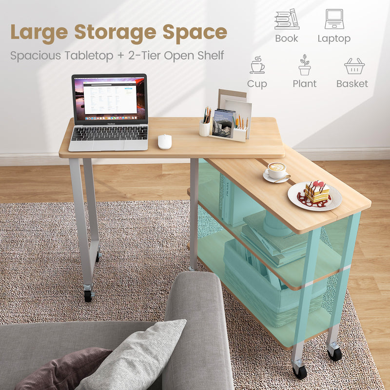 360° Rotating Sofa Side Table with Storage Shelves and Wheels-Natural