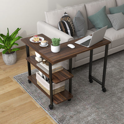 360° Rotating Sofa Side Table with Storage Shelves and Wheels-Walnut