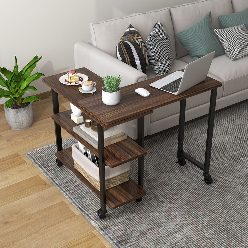 360° Rotating Sofa Side Table with Storage Shelves and Wheels-Walnut