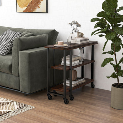360° Rotating Sofa Side Table with Storage Shelves and Wheels-Walnut