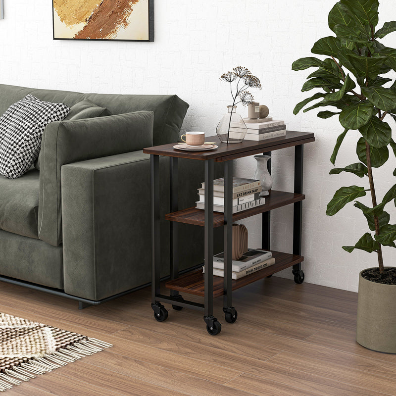 360° Rotating Sofa Side Table with Storage Shelves and Wheels-Walnut