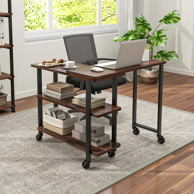 360° Rotating Sofa Side Table with Storage Shelves and Wheels-Walnut