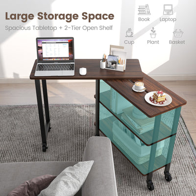 360° Rotating Sofa Side Table with Storage Shelves and Wheels-Walnut