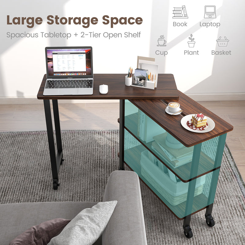 360° Rotating Sofa Side Table with Storage Shelves and Wheels-Walnut