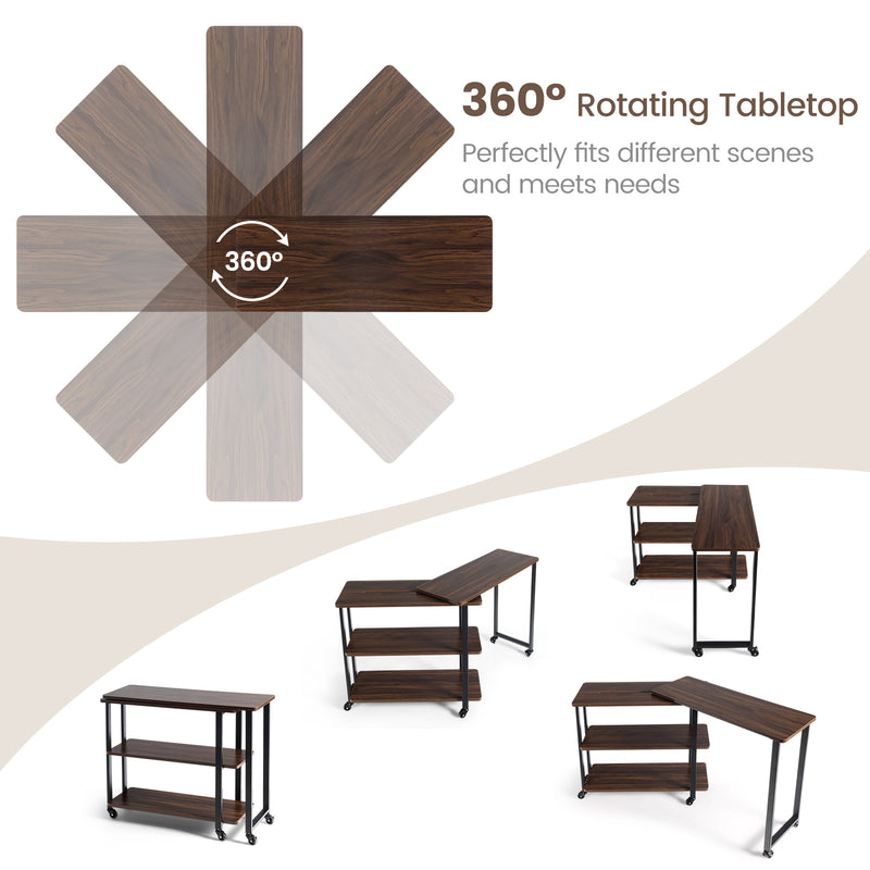 360° Rotating Sofa Side Table with Storage Shelves and Wheels-Walnut