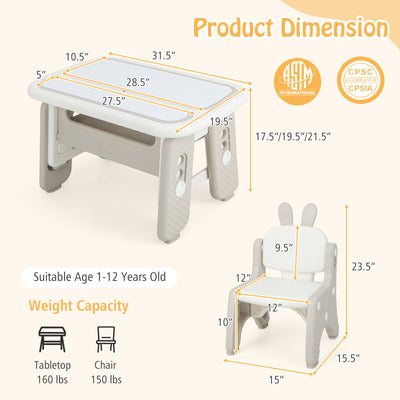Kids Table and Chair Set with Flip-Top Bookshelf-Gray