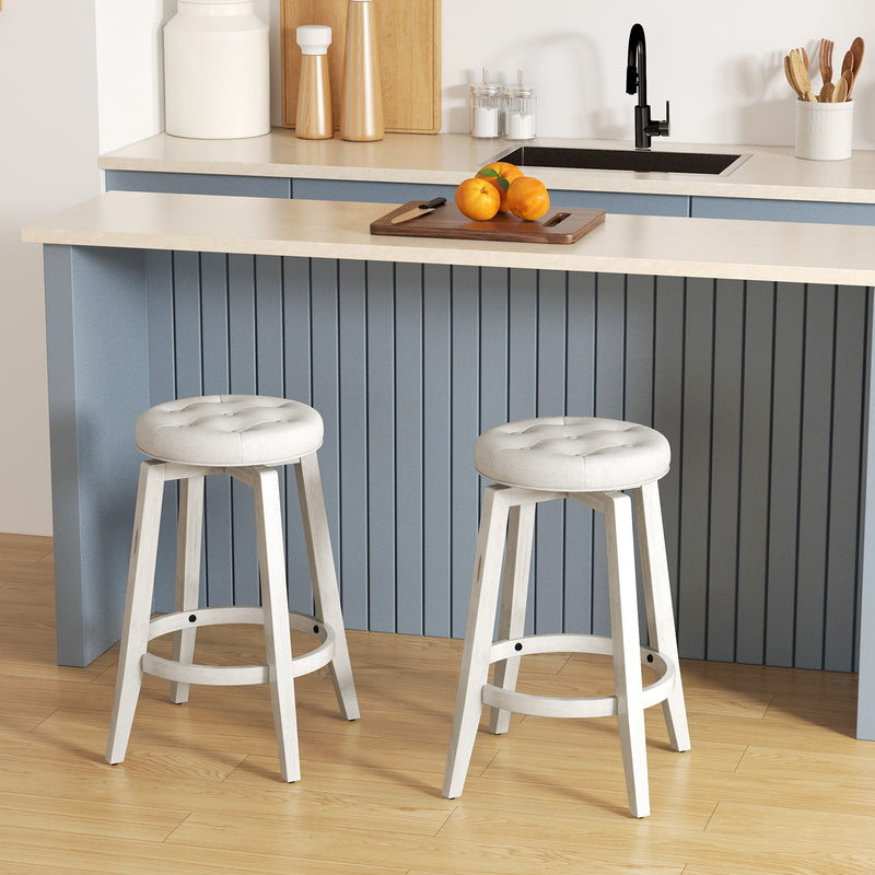 Swivel Upholstered Rubberwood Frame Bar Stool Set of 2 with Footrest-24 inches